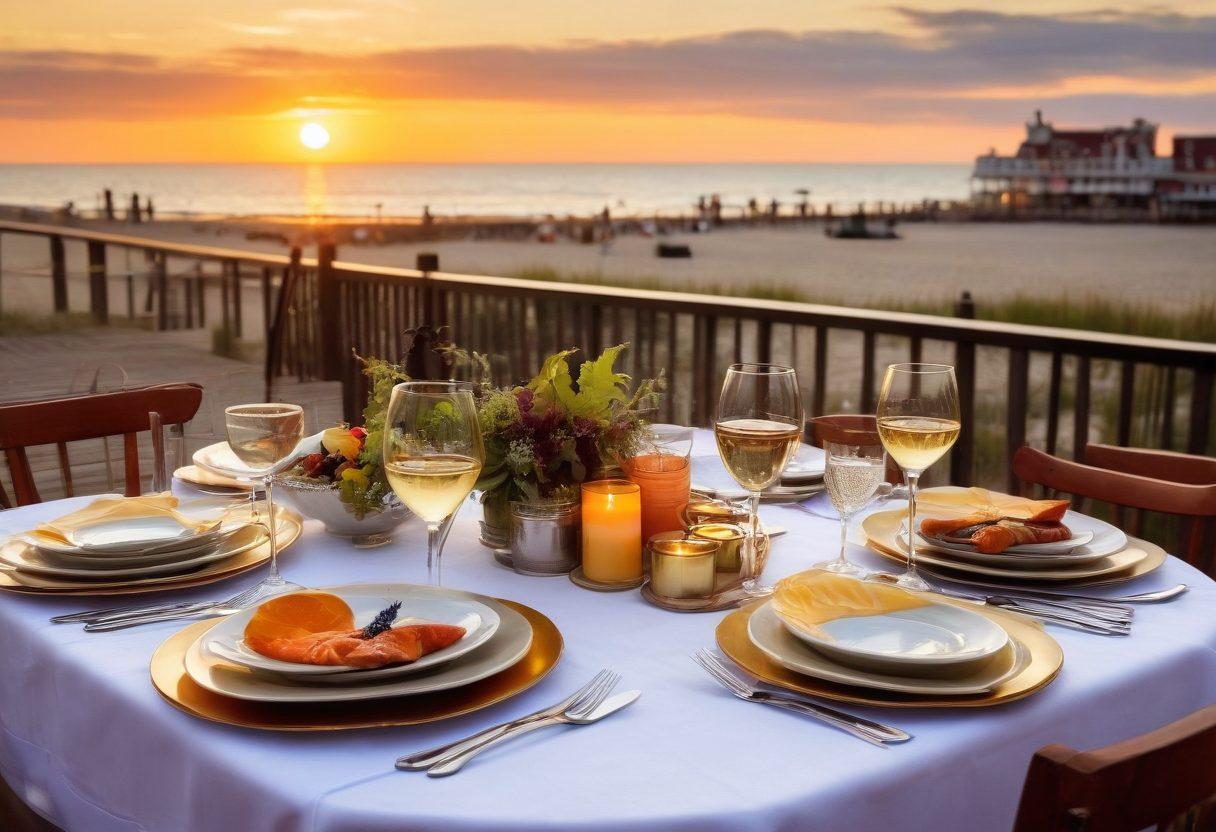 A beautiful table setting showcasing an array of exquisite wines and gourmet dishes in Asbury Park's coastal ambiance. Include a scenic backdrop of the boardwalk with a sunset casting a warm glow over the dining area, and people enjoying their meals joyfully. Capture a sense of celebration and community among wine lovers. super-realistic. vibrant colors. outdoor setting.
