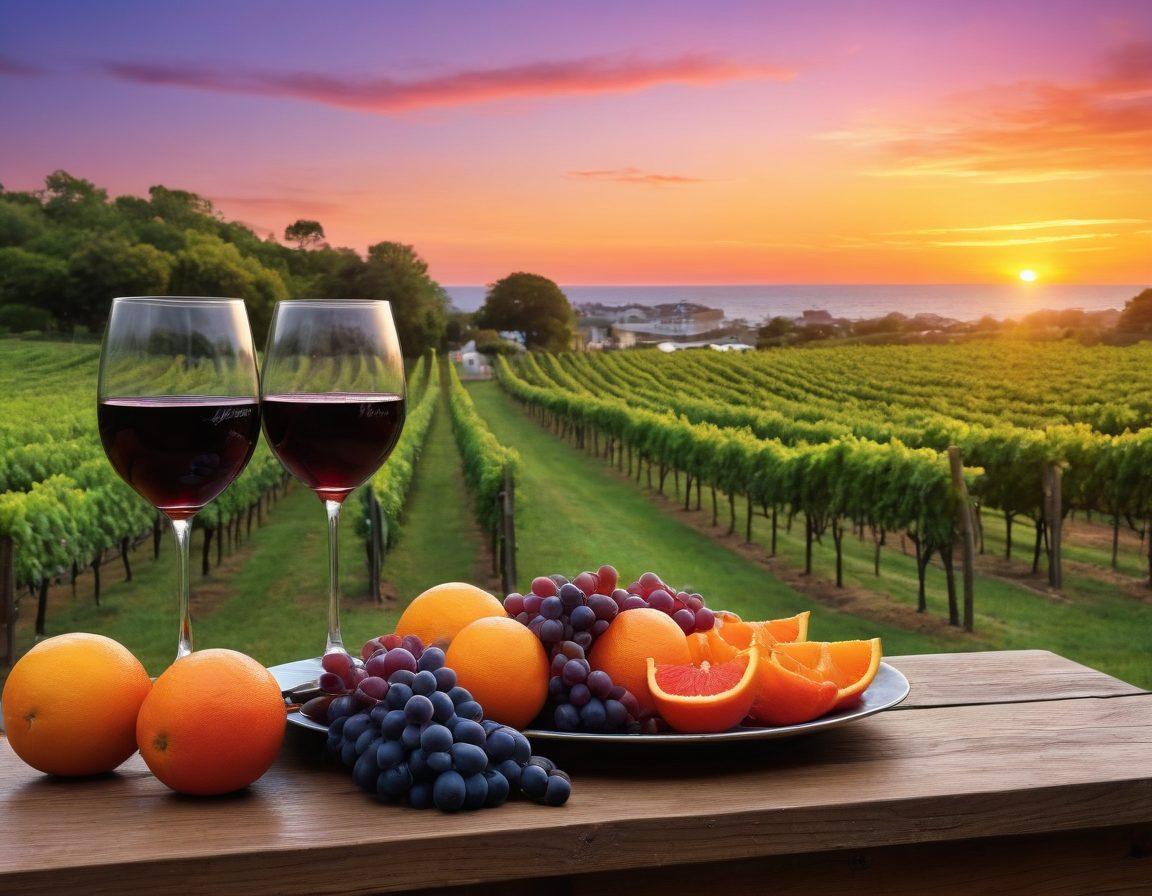 A scenic view of lush vineyards in Asbury Park with rolling hills in the background, featuring grape clusters ripe for harvest. In the foreground, a wine glass with a splash of deep red wine creating an artistic ripple, surrounded by festival elements like a picnic setup and colorful banners. The sky is a beautiful sunset with vibrant oranges and purples, adding a warm glow to the scene. super-realistic. vibrant colors.