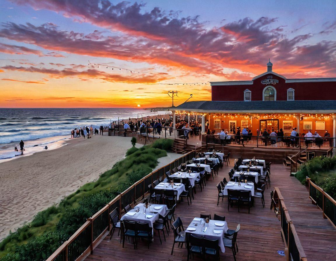 A picturesque scene of the Asbury Park Boardwalk at sunset, featuring a cozy wine tasting setup with elegant glasses filled with various wines. In the background, people are enjoying live music, while lush vineyards and wine barrels are artfully integrated into the boardwalk atmosphere. Add string lights overhead for a warm ambiance and a backdrop of the ocean waves. pastel colors. painting.